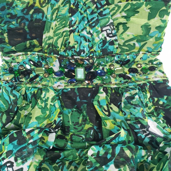 Deb Green Abstract Print Strapless Jewel Embellished Prom Gown - Picture 4 of 6